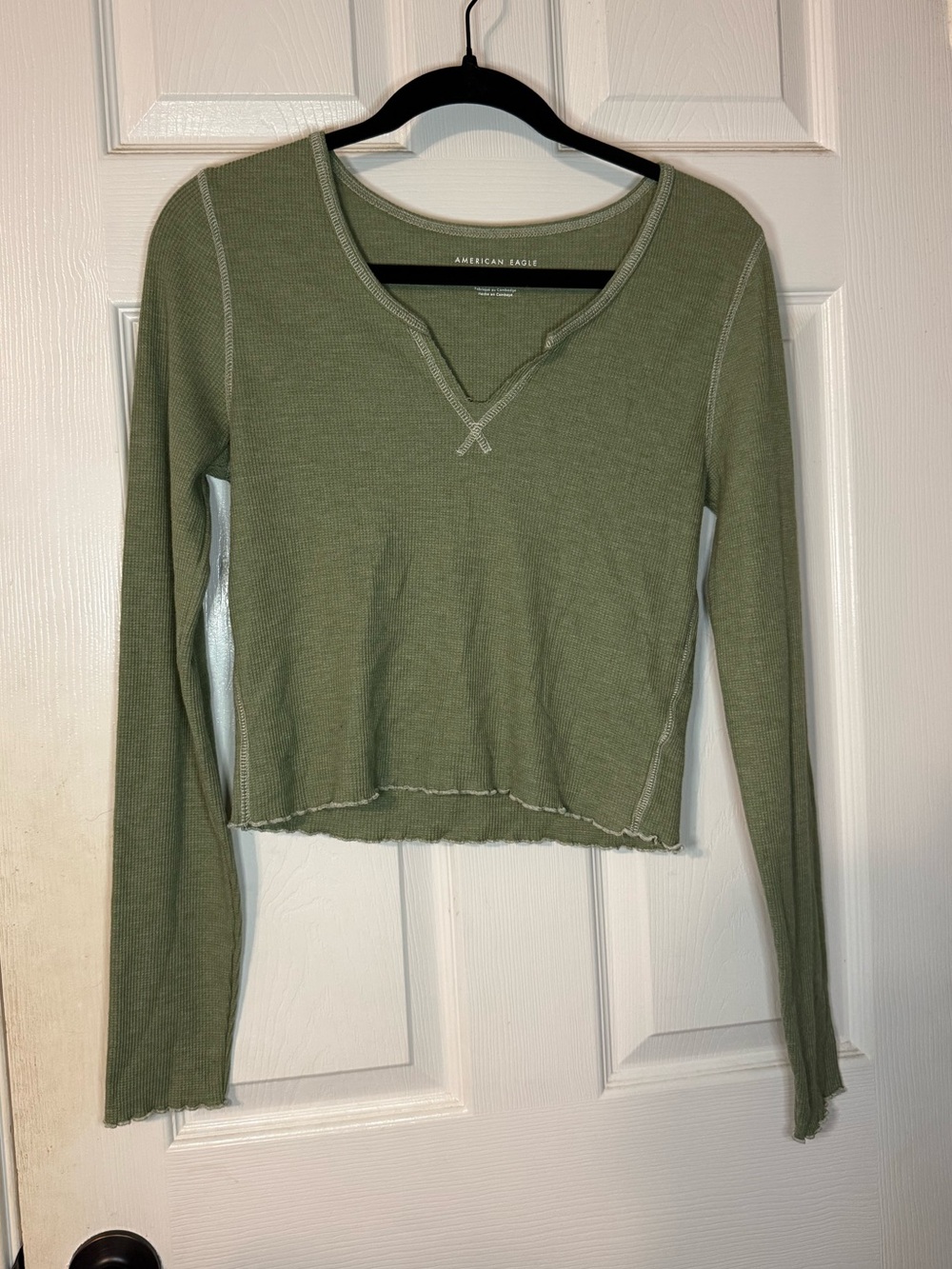 American Eagle Outfitters Olive Green Ribbed Long-Sleeve Top - Medium